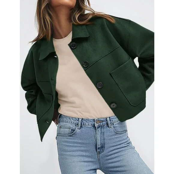 Women's Dark Green Faux Suede Cropped Jacket Casual Lightweight Fall Fashion - Picture 4 of 5
